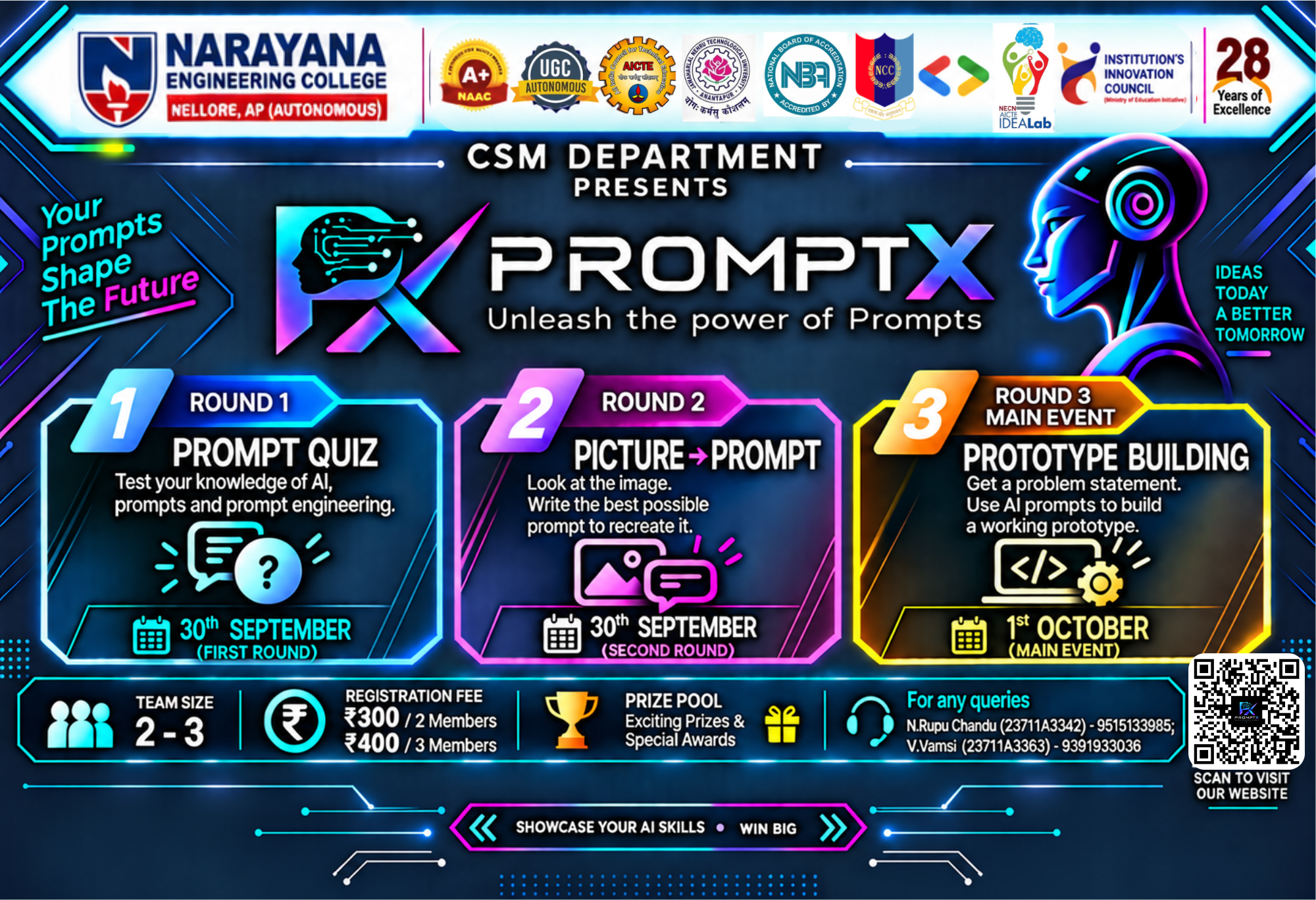 PROMPTX event poster showing the three challenge rounds